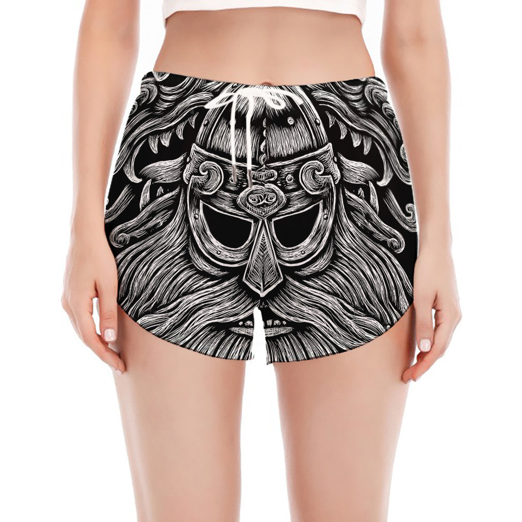 Black And White Odin With Wolfs Print Women's Split Running Shorts