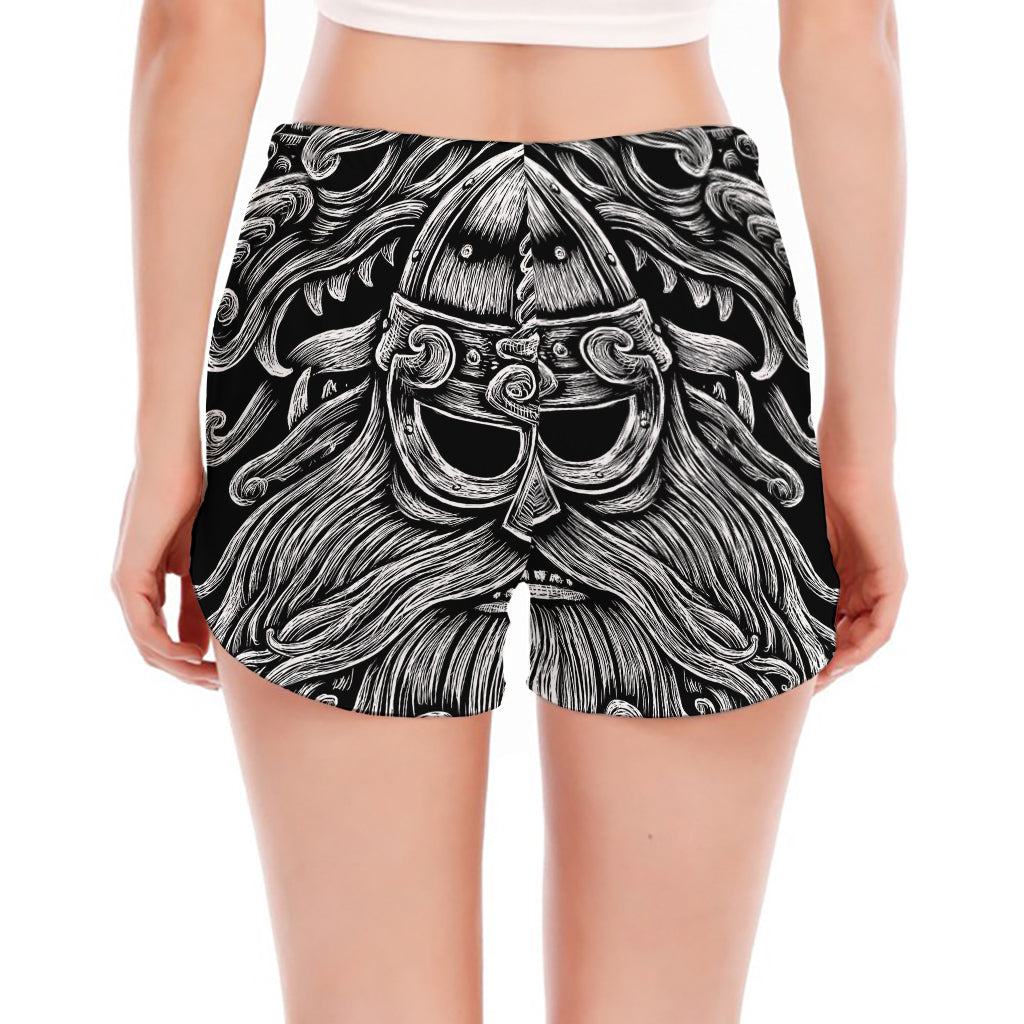 Black And White Odin With Wolfs Print Women's Split Running Shorts