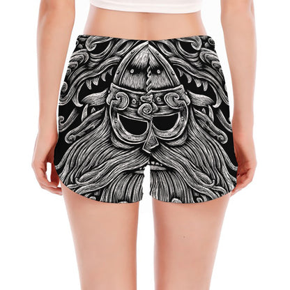 Black And White Odin With Wolfs Print Women's Split Running Shorts