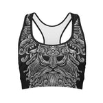 Black And White Odin With Wolfs Print Women's Sports Bra