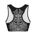 Black And White Odin With Wolfs Print Women's Sports Bra