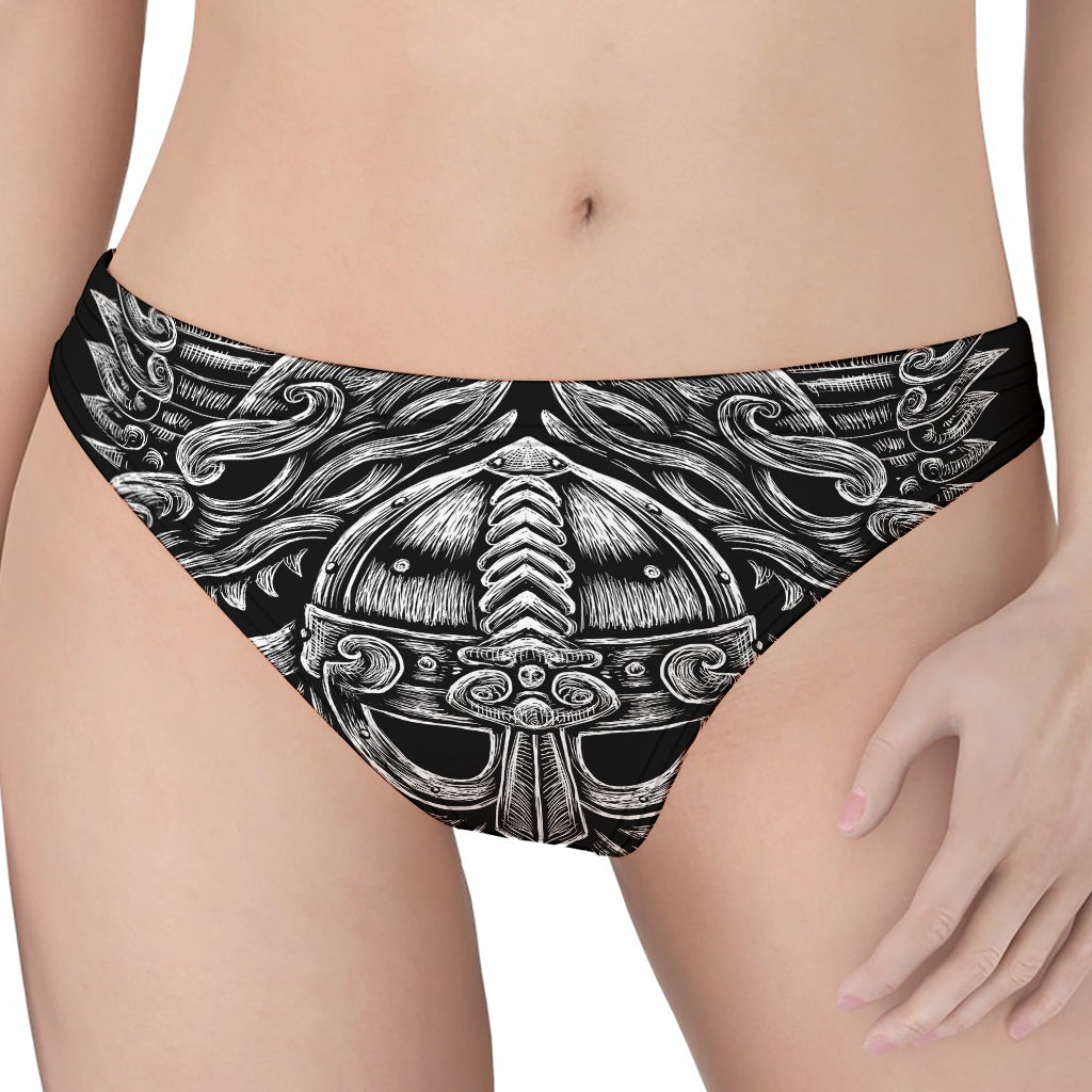 Black And White Odin With Wolfs Print Women's Thong