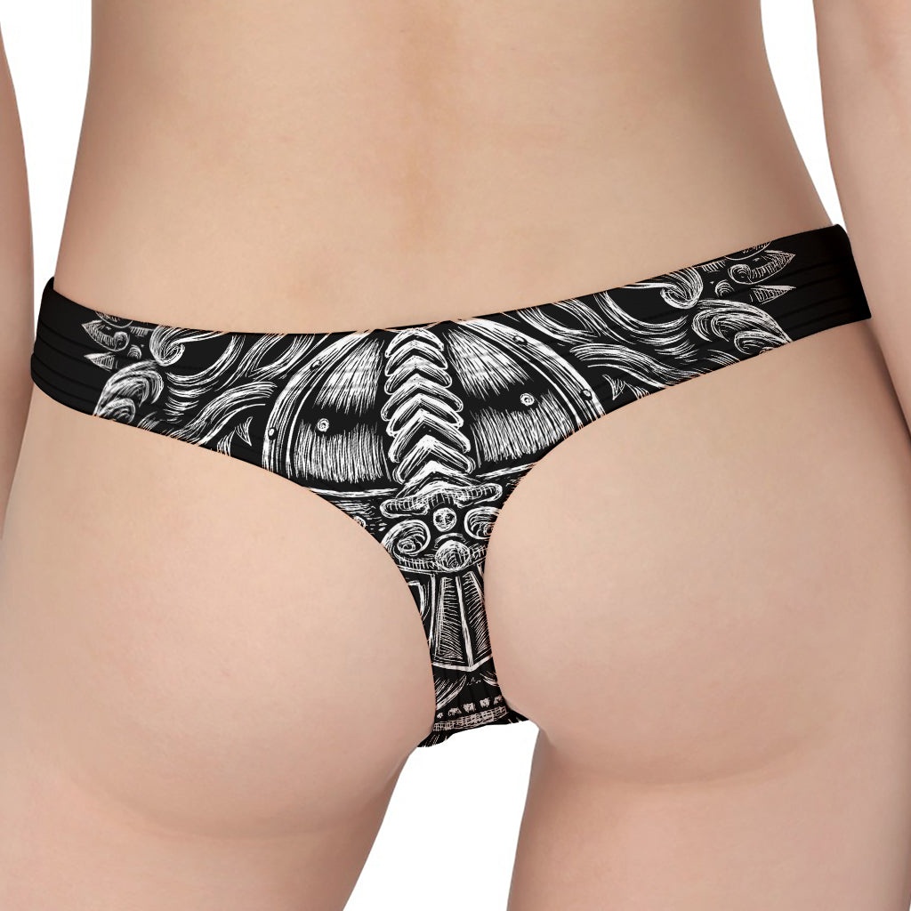 Black And White Odin With Wolfs Print Women's Thong