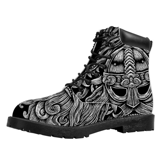 Black And White Odin With Wolfs Print Work Boots
