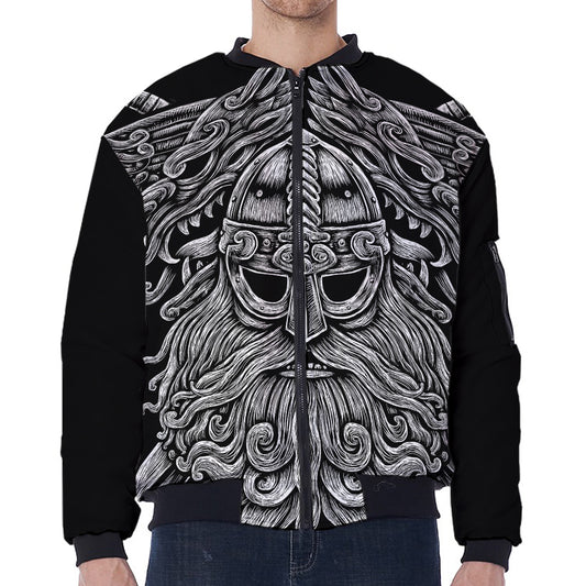 Black And White Odin With Wolfs Print Zip Sleeve Bomber Jacket