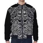 Black And White Odin With Wolfs Print Zip Sleeve Bomber Jacket