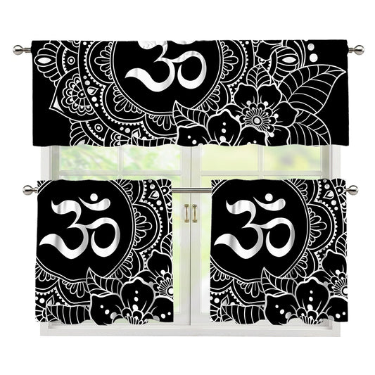 Black And White Om Print 3 Piece Kitchen Curtains
