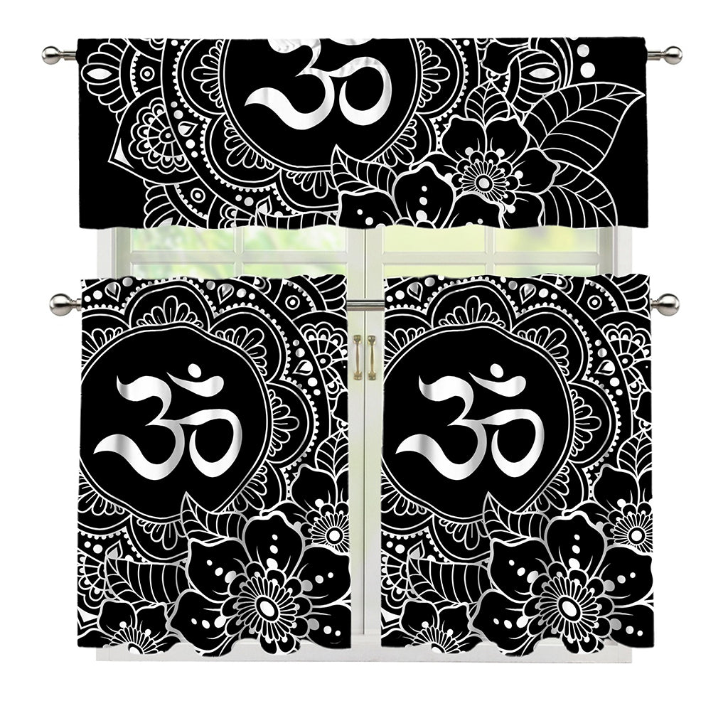Black And White Om Print 3 Piece Kitchen Curtains