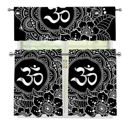 Black And White Om Print 3 Piece Kitchen Curtains