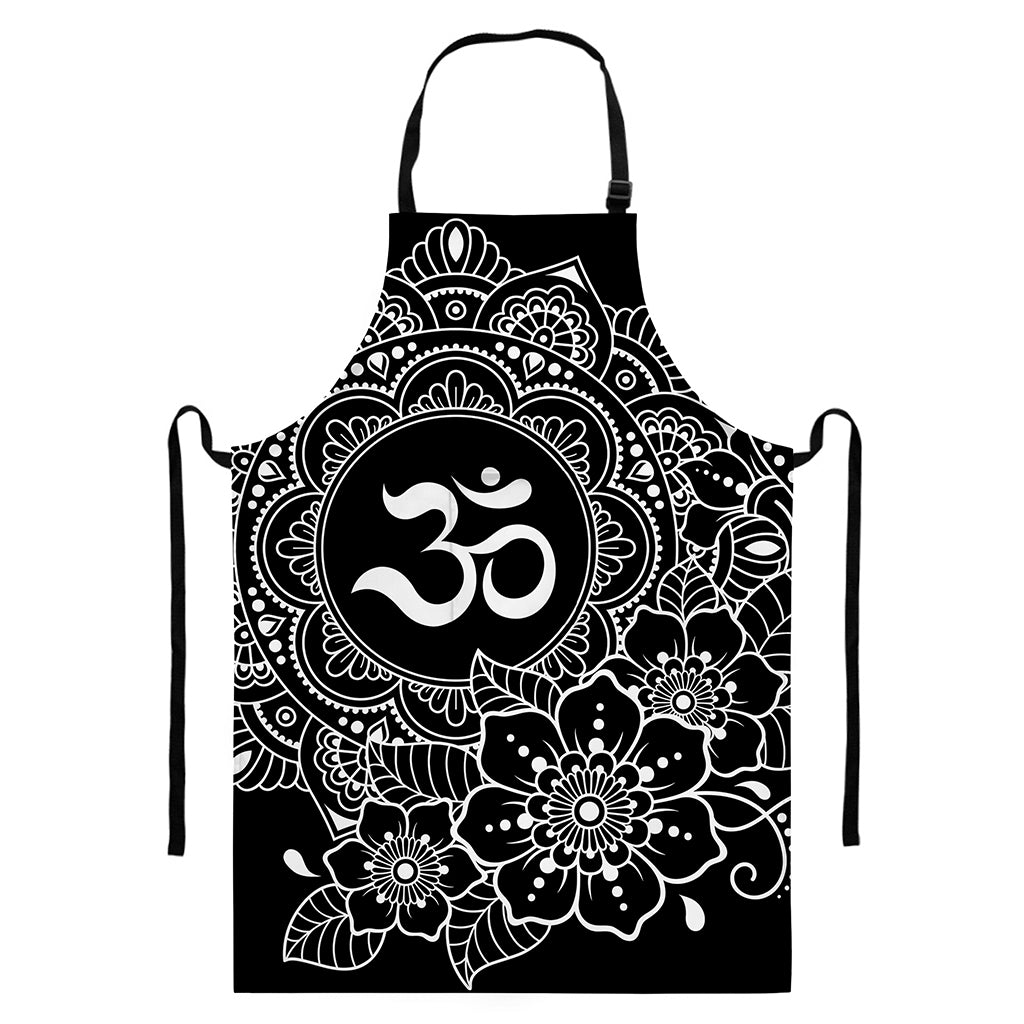 Black And White Om Print Bib Apron With Pocket