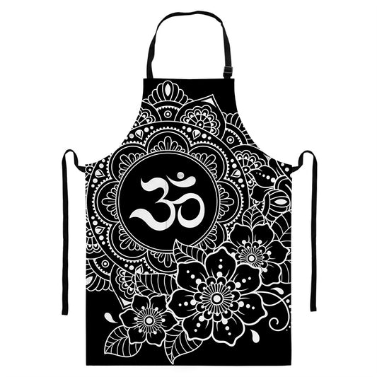 Black And White Om Print Bib Apron With Pocket