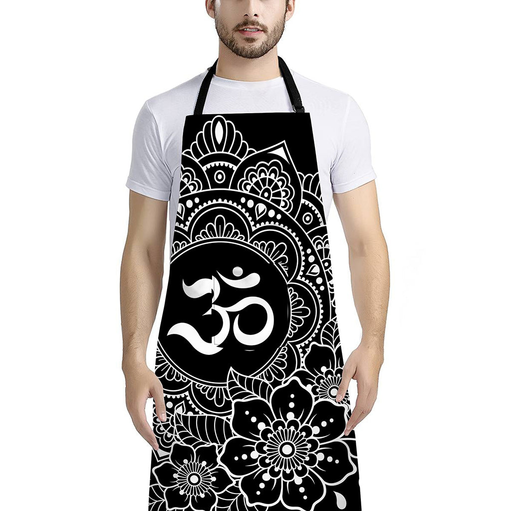 Black And White Om Print Bib Apron With Pocket
