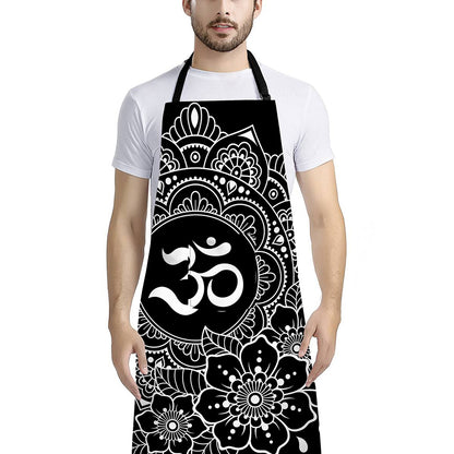 Black And White Om Print Bib Apron With Pocket