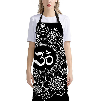 Black And White Om Print Bib Apron With Pocket