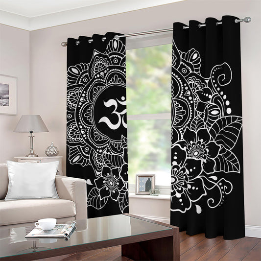 Black And White Om Print Blackout Grommet Curtains