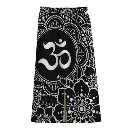 Black And White Om Print Cotton Front Slit Maxi Skirt