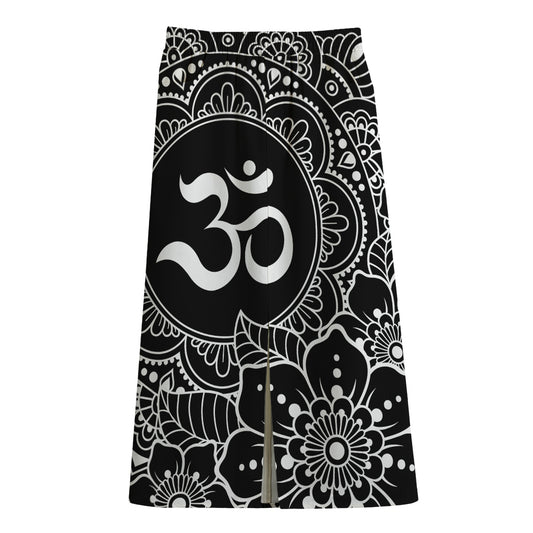 Black And White Om Print Cotton Front Slit Maxi Skirt
