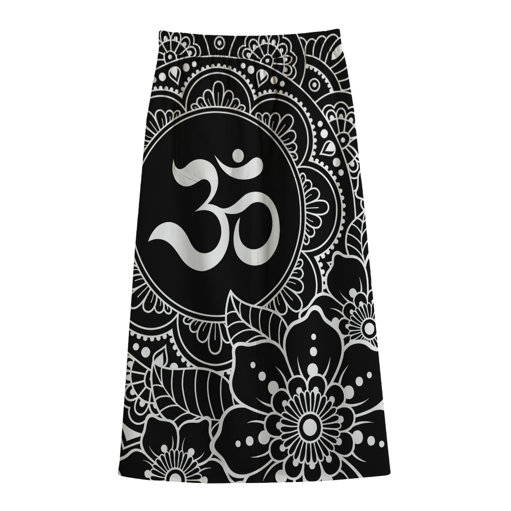 Black And White Om Print Cotton Front Slit Maxi Skirt