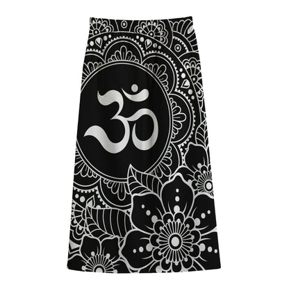 Black And White Om Print Cotton Front Slit Maxi Skirt