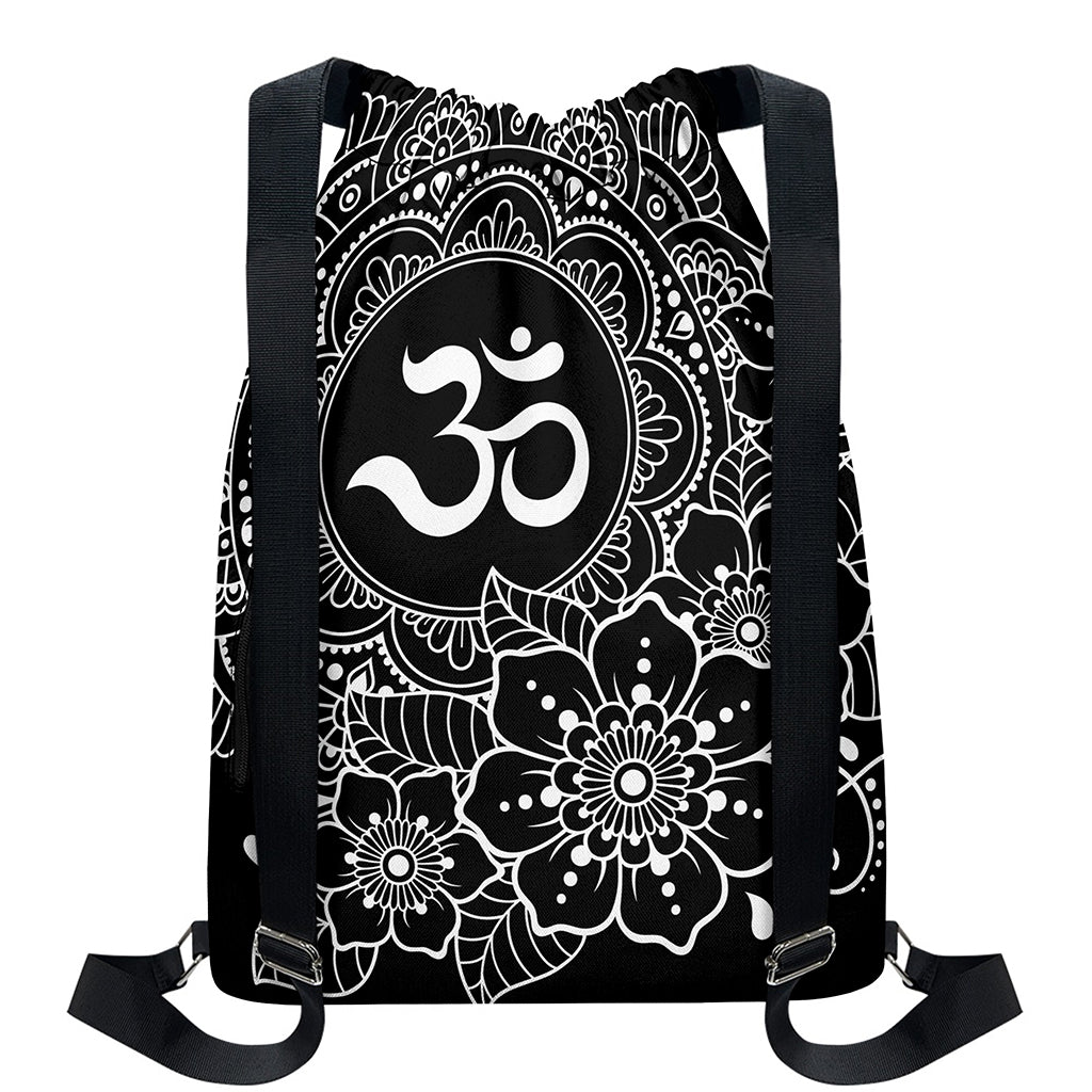 Black And White Om Print Drawstring Backpack