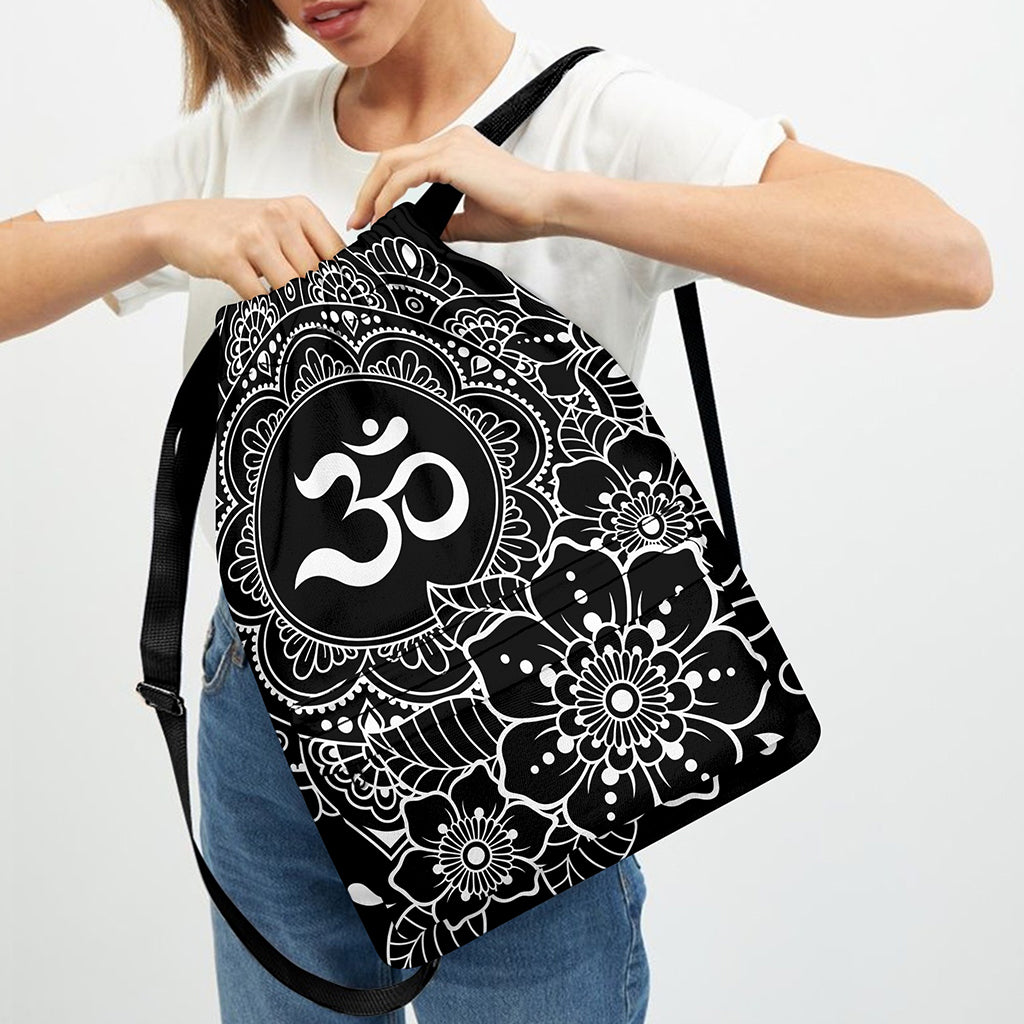 Black And White Om Print Drawstring Backpack