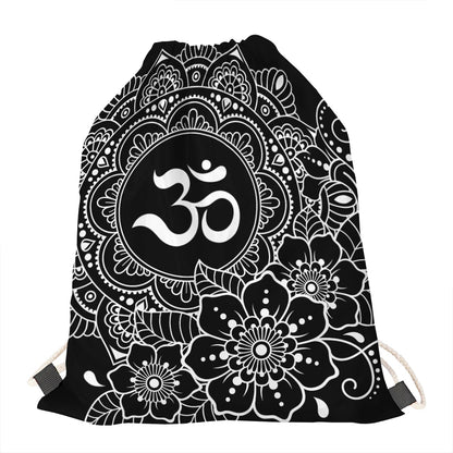 Black And White Om Print Drawstring Bag