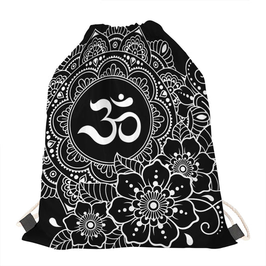 Black And White Om Print Drawstring Bag