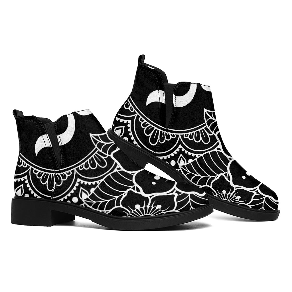 Black And White Om Print Flat Ankle Boots