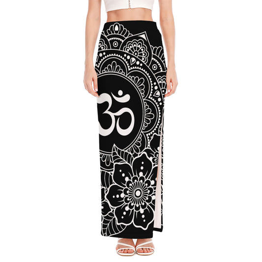 Black And White Om Print High Slit Maxi Skirt