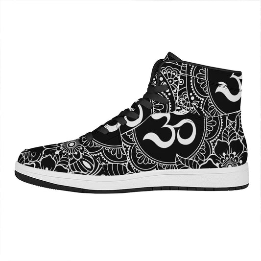 Black And White Om Print High Top Leather Sneakers