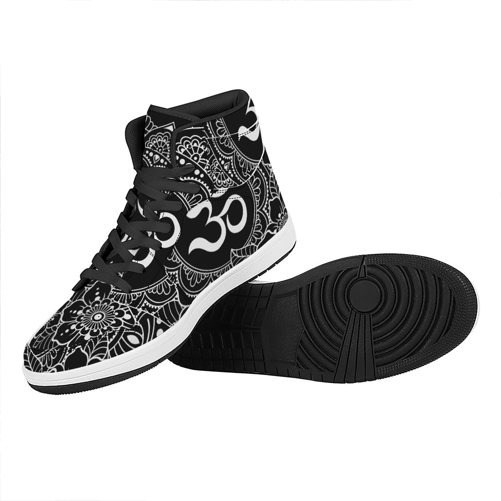 Black And White Om Print High Top Leather Sneakers
