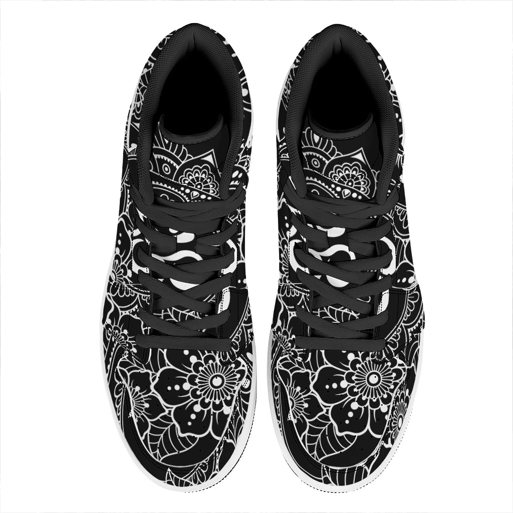 Black And White Om Print High Top Leather Sneakers