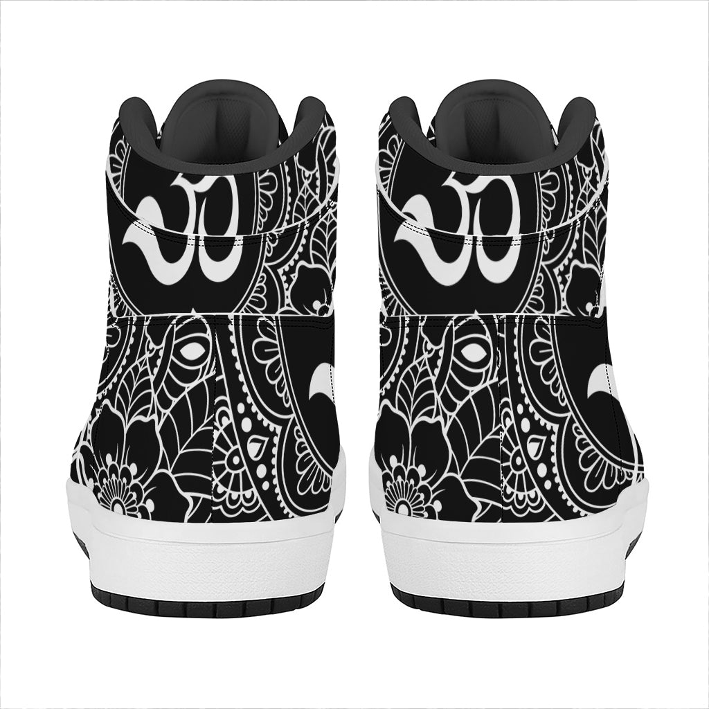 Black And White Om Print High Top Leather Sneakers