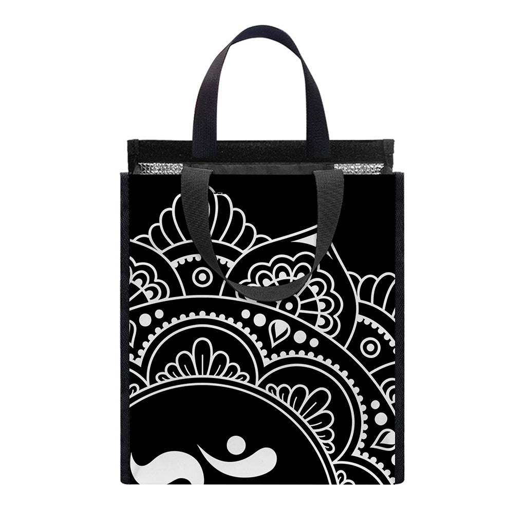 Black And White Om Print Insulated Lunch Tote
