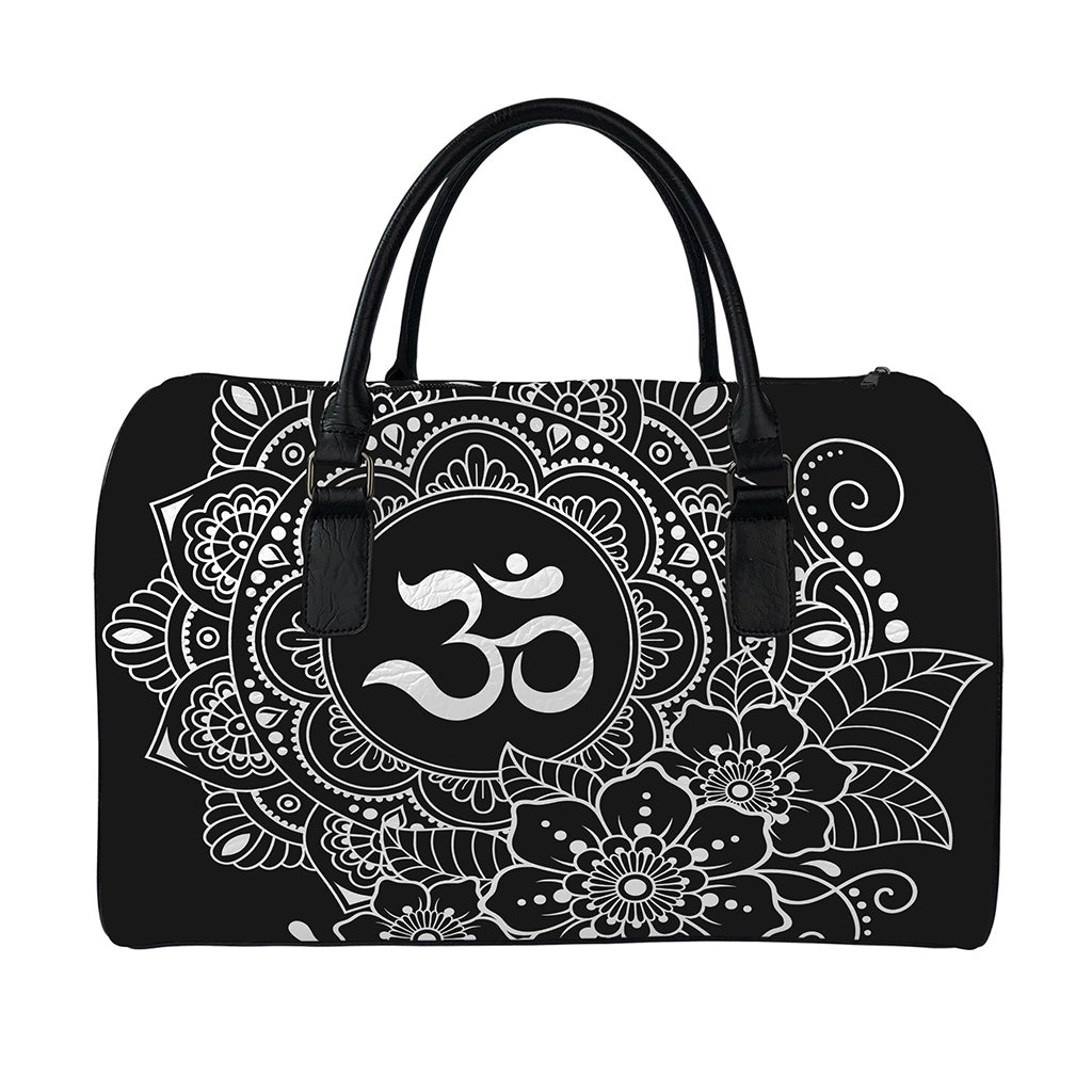 Black And White Om Print Leather Duffle Bag