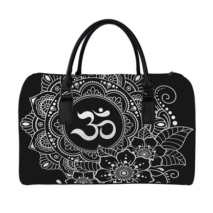 Black And White Om Print Leather Duffle Bag