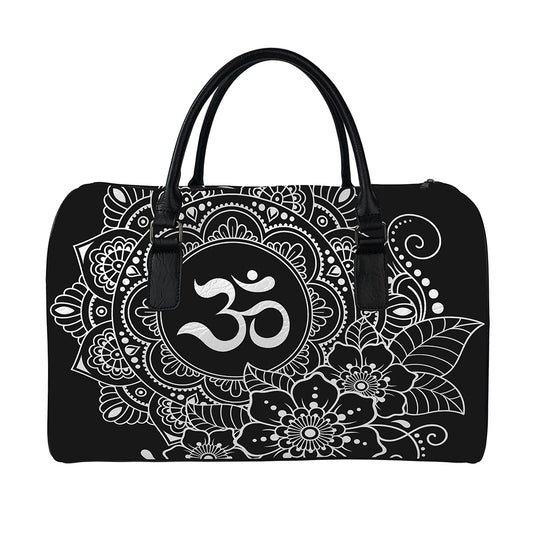 Black And White Om Print Leather Duffle Bag