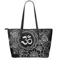 Black And White Om Print Leather Tote Bag With Zipper