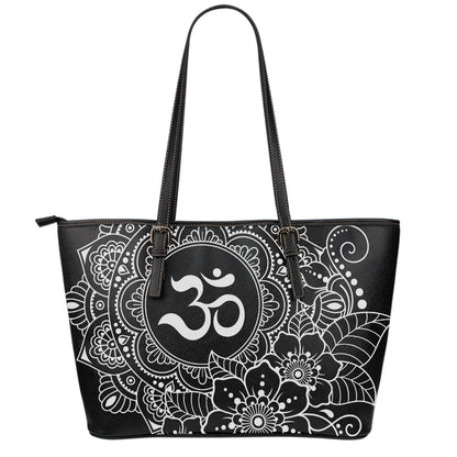 Black And White Om Print Leather Tote Bag