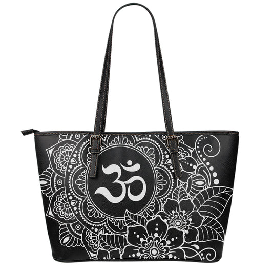 Black And White Om Print Leather Tote Bag