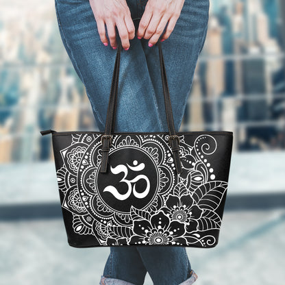 Black And White Om Print Leather Tote Bag
