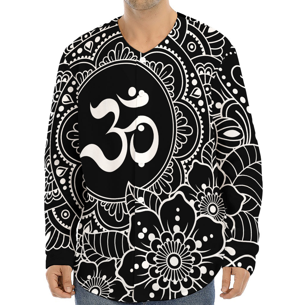 Black And White Om Print Long Sleeve Baseball Jersey