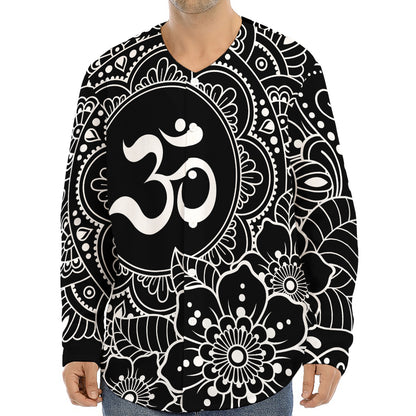Black And White Om Print Long Sleeve Baseball Jersey