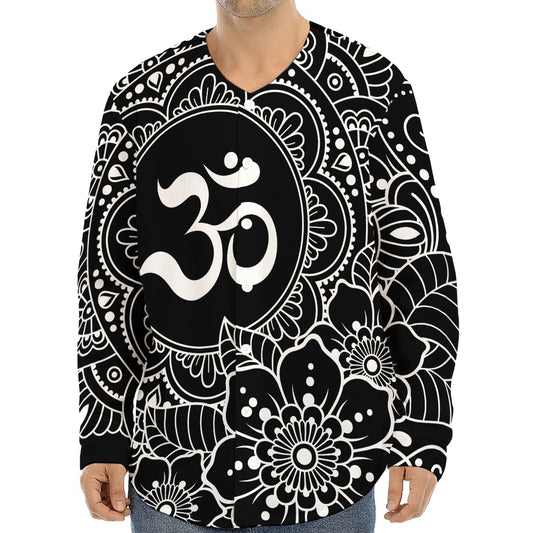 Black And White Om Print Long Sleeve Baseball Jersey