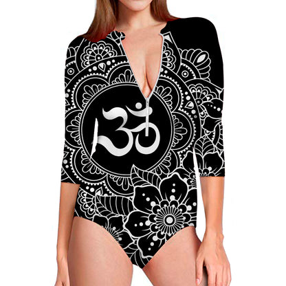 Black And White Om Print Long Sleeve Swimsuit