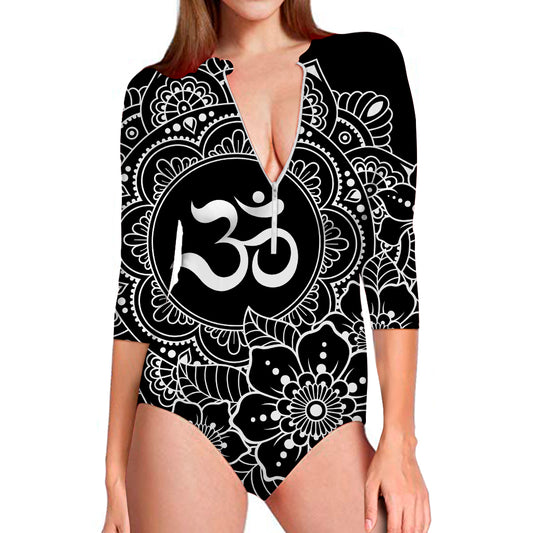 Black And White Om Print Long Sleeve Swimsuit