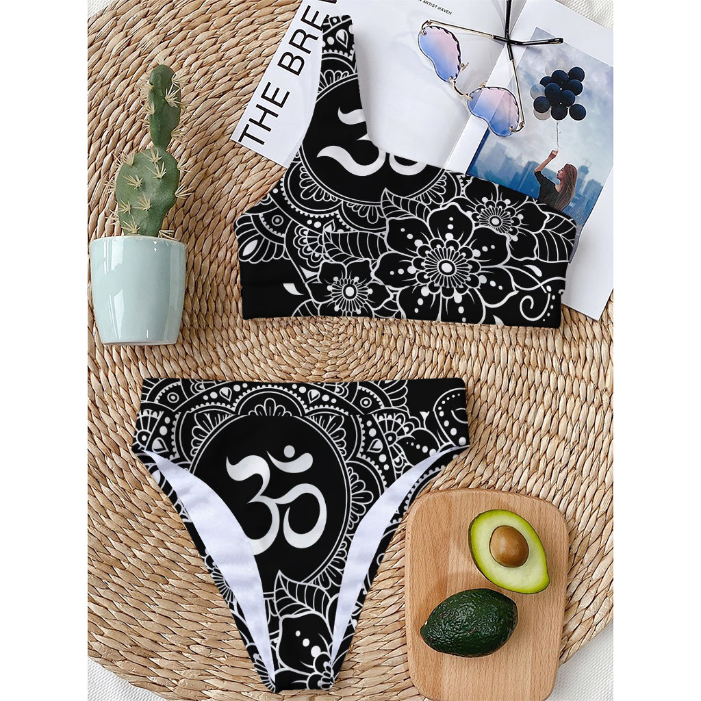 Black And White Om Print One Shoulder Bikini Top