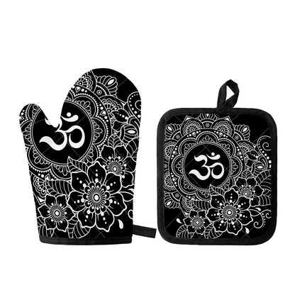 Black And White Om Print Oven Mitt And Pot Holder Set