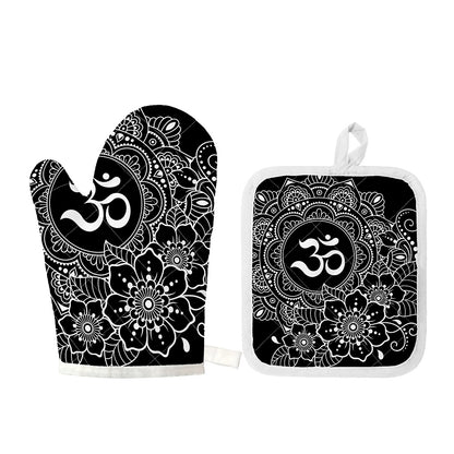 Black And White Om Print Oven Mitt And Pot Holder Set