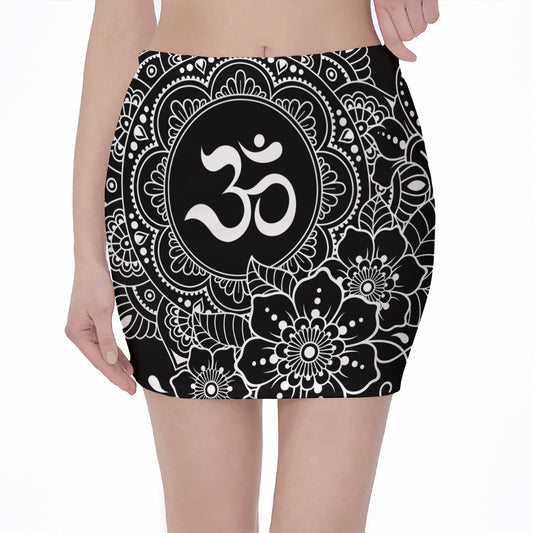 Black And White Om Print Pencil Mini Skirt